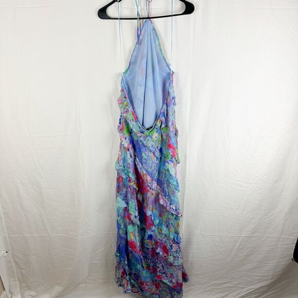 ZARA Watercolor Floral Halter Backless Maxi Dress Size XL Ruffle Details - Picture 2 of 6